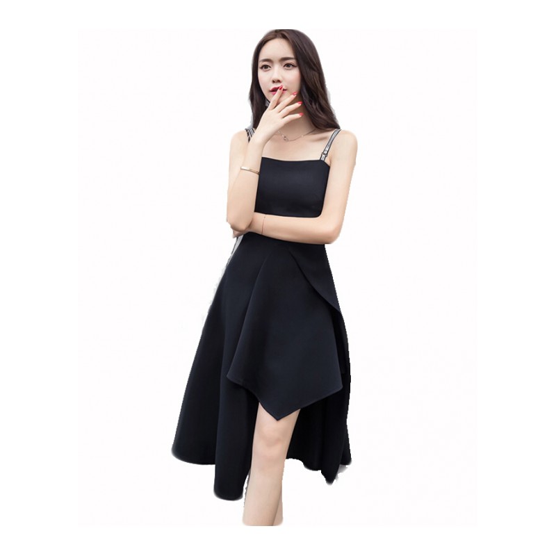 名媛气质不规则字母带连衣裙伴娘服2018夏季新款时尚性感小黑裙黑色