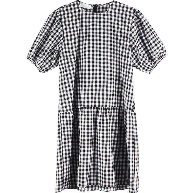 付臭美2018夏装新款韩版圆领格子短袖连衣裙女中长款宽松a字裙子 黑色 均码