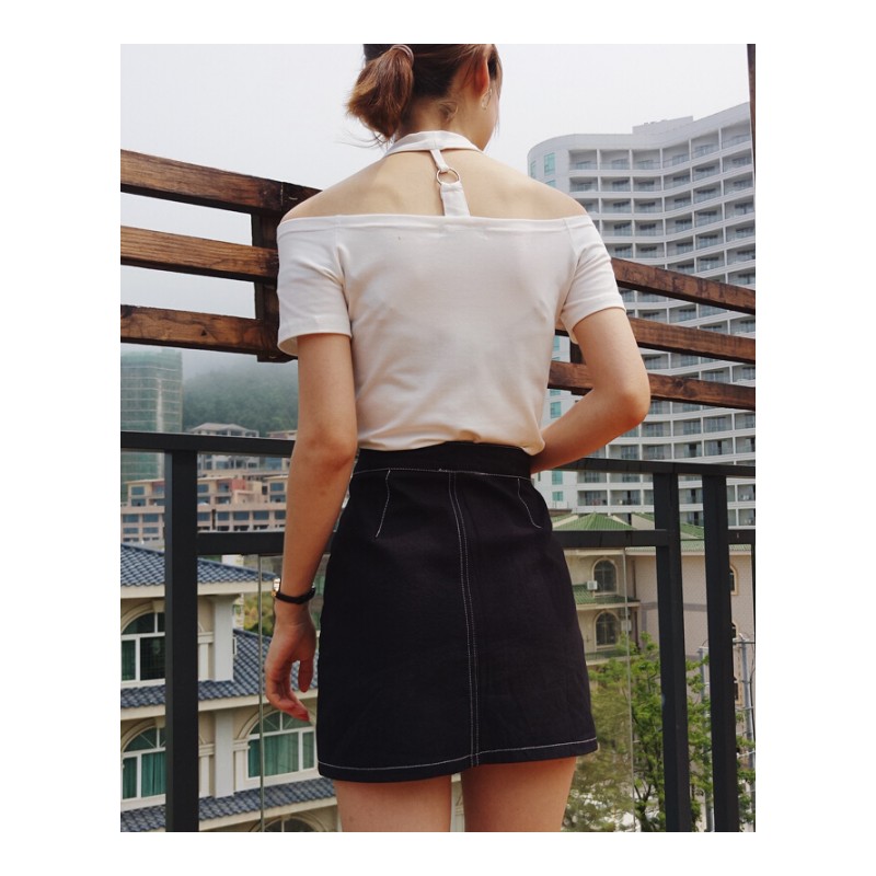 春夏女装韩版修身显瘦短款黑色T恤露肩一字领短袖挂脖上衣打底衫黑色均码