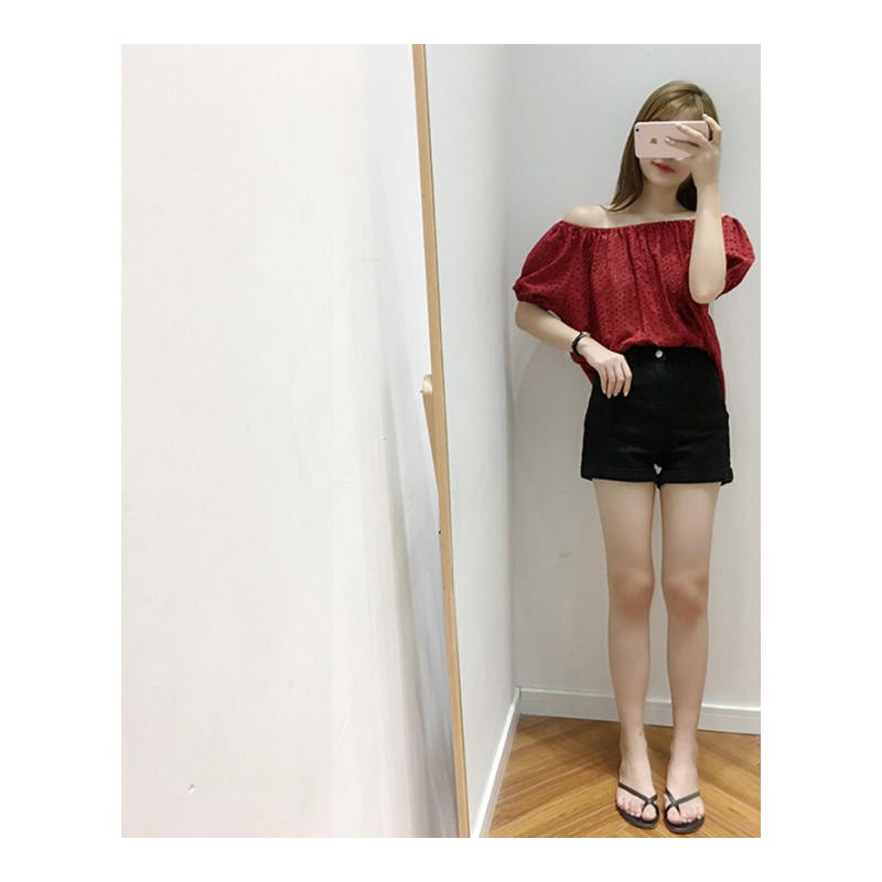 付臭美2018夏装新款韩版一字肩短袖镂空刺绣衬衫女漏肩上衣休闲 红色 均码