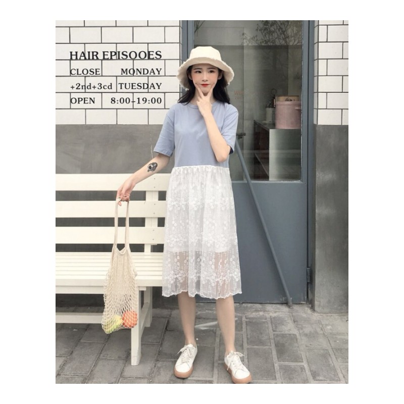 夏装女装韩版宽松中长款蕾丝拼接a字裙假两件短袖连衣裙显瘦学生黑色均码
