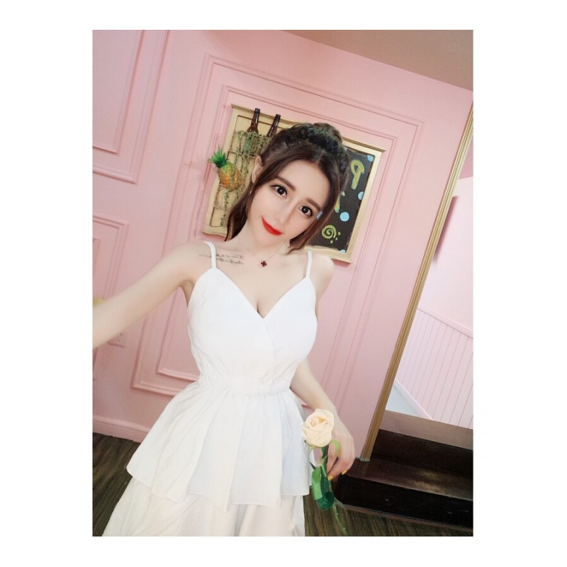 连衣裙女夏2018韩版甜美气质带V领收腰显瘦荷叶边层层长裙 白色 均码
