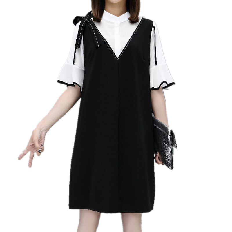 2018夏季新款大码女装胖mm打底T恤连衣裙雪纺两件套显瘦200斤上衣黑色L建议90-100