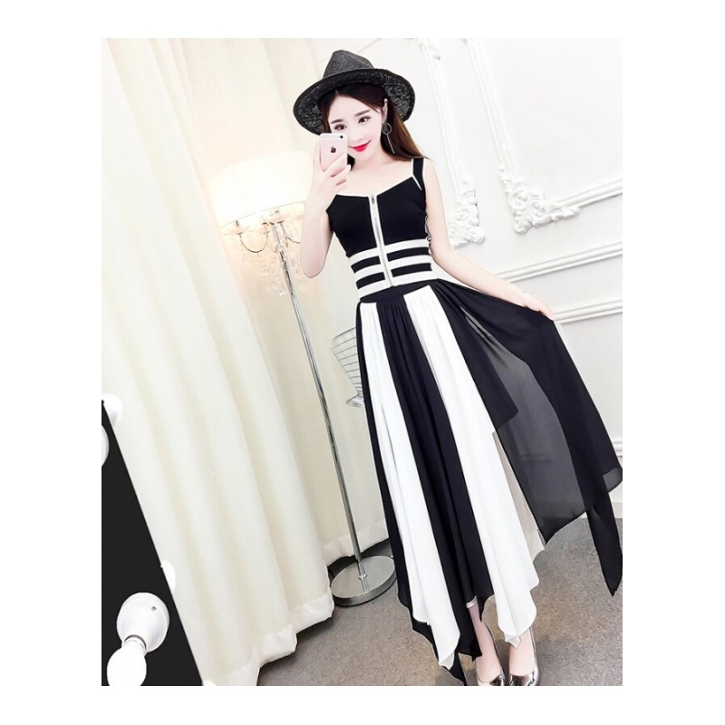 套装女夏2018新款时尚名媛风带针织衫撞色不规则半身裙两件套潮白拼黑