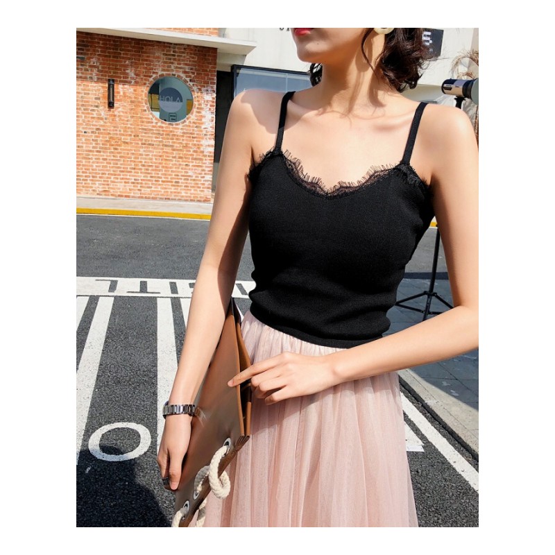 2018春装新款女装上衣 韩版修身百搭黑色蕾丝拼接带背心女内搭 黑色 均码
