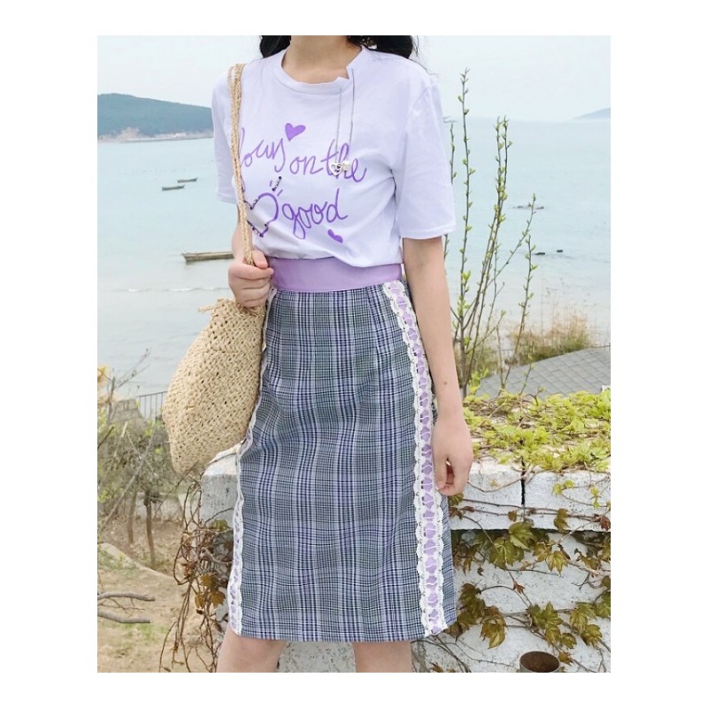 里小姐~韩版时尚休闲套装夏装甜美订珠紫色字母T恤+半身裙白T+格子裙