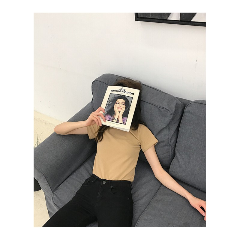 春夏女装韩版简约百搭基础款纯色短袖T恤修身短款打底衫体恤上衣白色均码