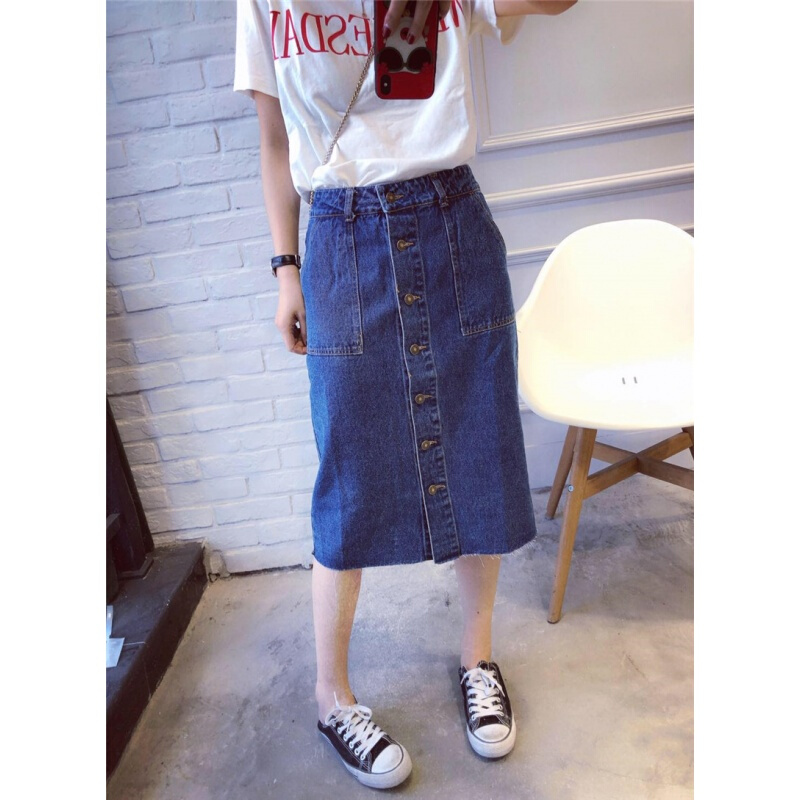2018春装新款韩版显瘦单排扣高腰百搭中长款牛仔半身裙女包臀裙子