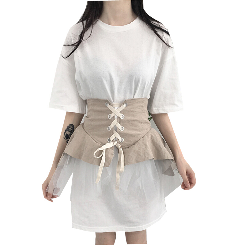 夏装女装韩版中长款纯色气质修身显瘦短袖T恤连衣裙+网纱拼接腰封蓝色均码