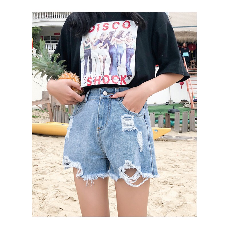 夏装女装韩版宽松高腰破洞毛边牛仔裤休闲阔腿裤短裤显瘦直筒裤潮浅蓝色