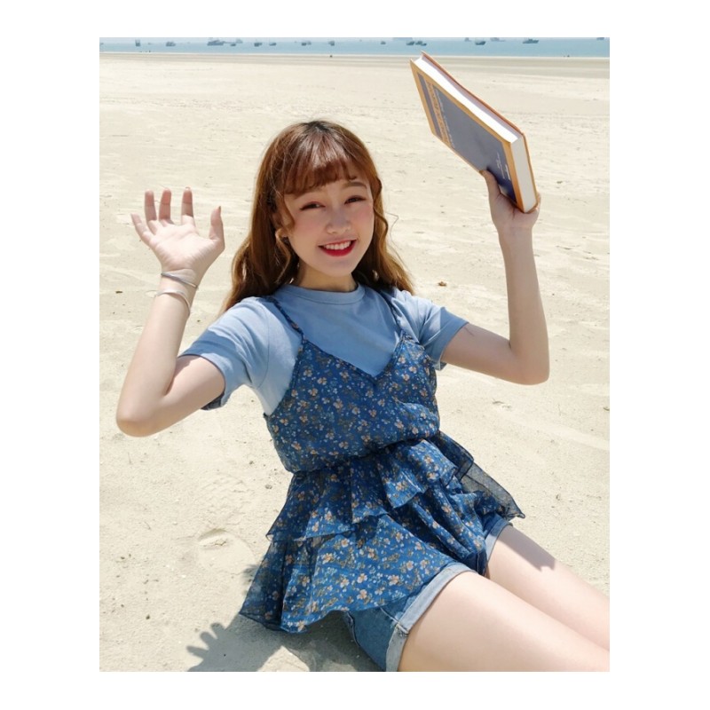 夏装韩版修身百搭假两件雪纺带拼接收腰短袖T恤学生体恤上衣女紫色均码