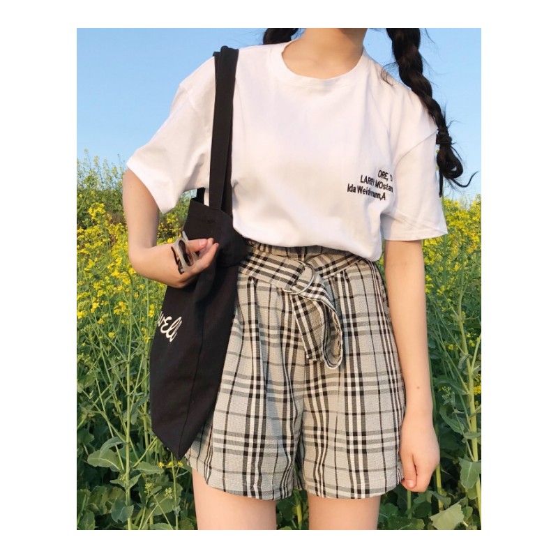 韩版时尚休闲套装夏装女装字母刺绣宽松短袖T恤上衣+阔腿裤两件套黑色均码