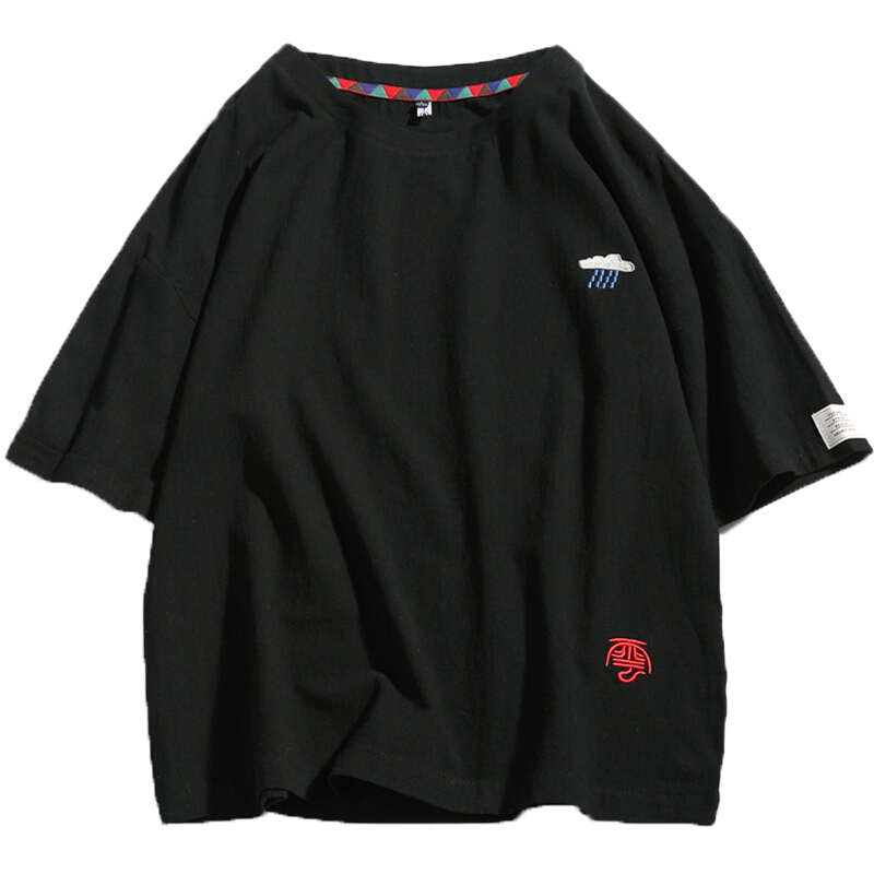 夏季日系刺绣短袖T恤男士加肥加大码复古宽松半袖潮流5分体恤男装