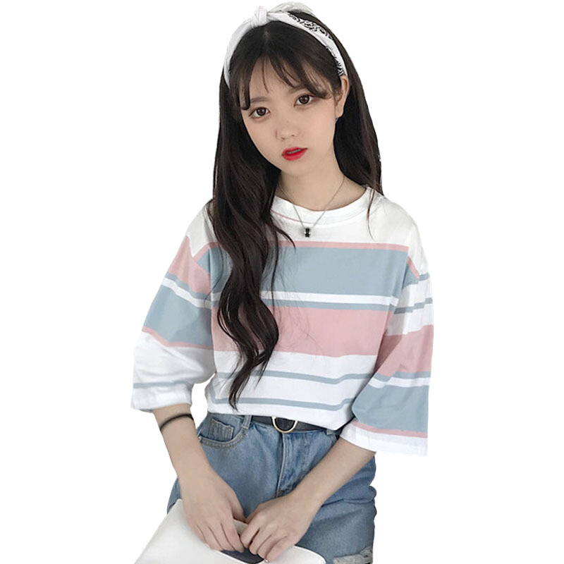 春夏女装韩版宽松百搭彩色条纹短袖T恤五分袖打底衫体恤上衣学生粉红色均码
