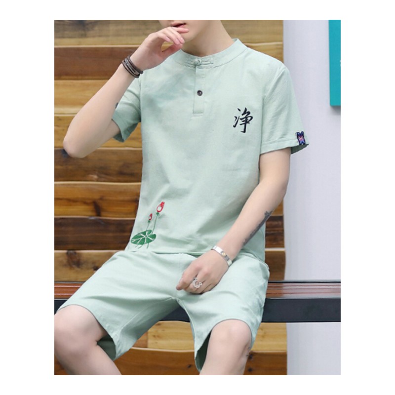 中国风刺绣花短袖T恤一套装男韩版复古衣服半袖体恤青少年polo衫T白色荷花款(短套)