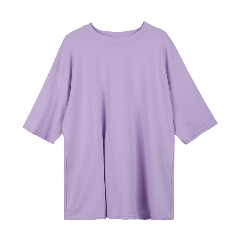 半袖女2018新款韩版宽松短袖紫色T恤后背字母印花中长款上衣学生 浅紫色 均码