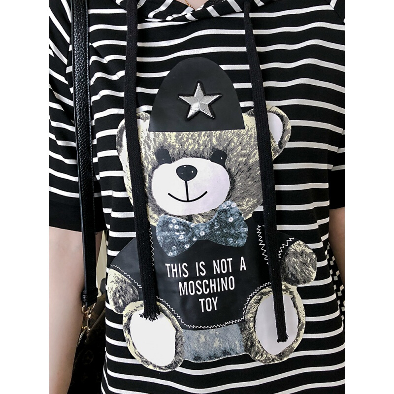 2018夏季韩版新款中长款T恤裙女套头宽松条纹小熊学生打底衫