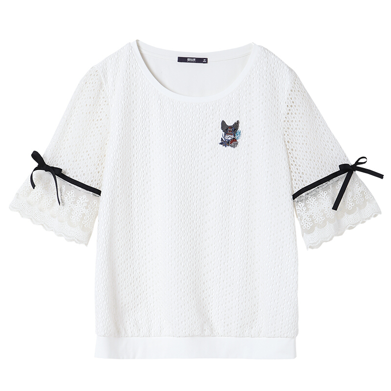 2018夏季韩版刺绣五分袖蕾丝衫女装拼接雪纺衫米白色预售到5.9日货