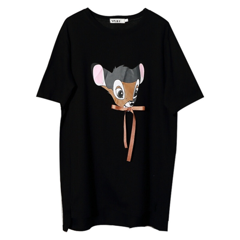 2018夏季新款韩版小鹿蝴蝶结宽松短袖T恤中长款大码女