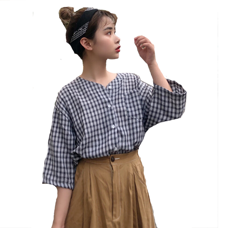 夏装女装韩版宽松学院风小清新格子短袖V领衬衫学生休闲衬衣上衣黑色均码