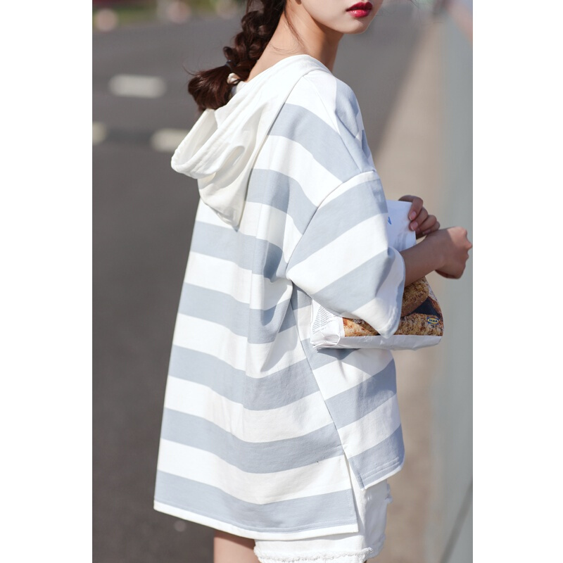 条纹短袖女2018新款夏季宽松韩版学生百搭连帽半袖上衣小清新T恤蓝色条纹系单一码