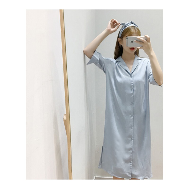 付臭美2018夏装新款韩版纯色单排扣V领短袖连衣裙女中长款外套蓝色均码