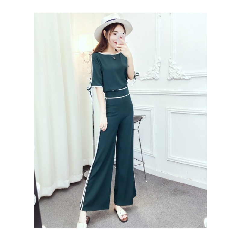 时尚套装女夏2018新款蝴蝶结袖口上衣+收腰显瘦阔腿裤休闲两件套
