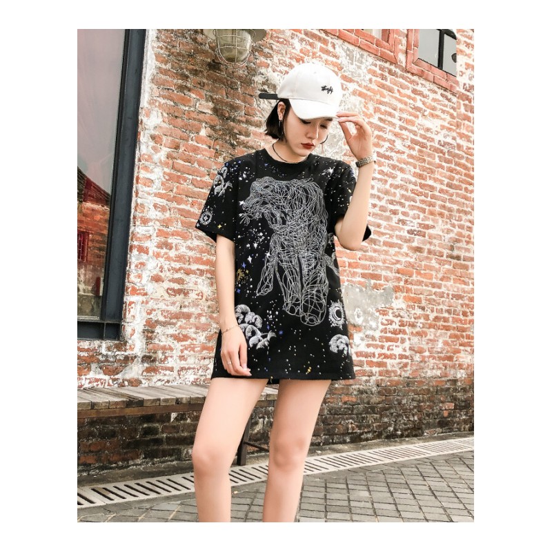 2018新款夏季短袖T恤女中长款宽松显瘦印花打底衫圆领上衣体恤潮黑色