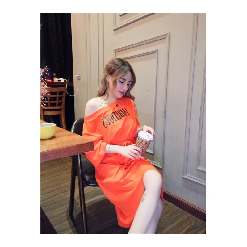 2018夏季韩版时尚印花字母一字肩短袖系带不规则长款T恤连衣裙潮桔色均码
