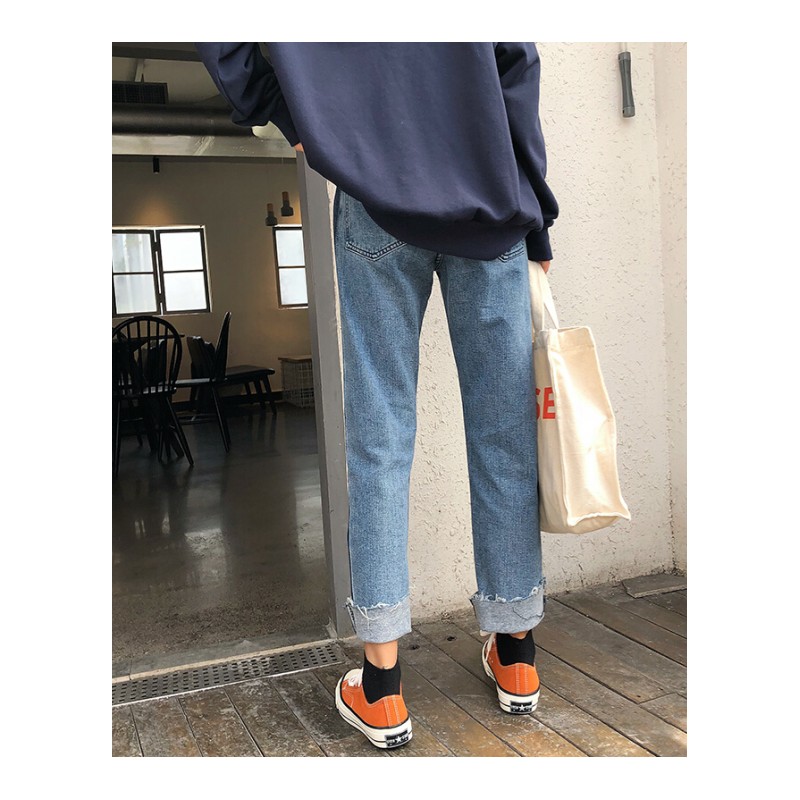 春装韩版宽松百搭侧边条纹毛边牛仔裤显瘦直筒裤卷边九分裤长裤女