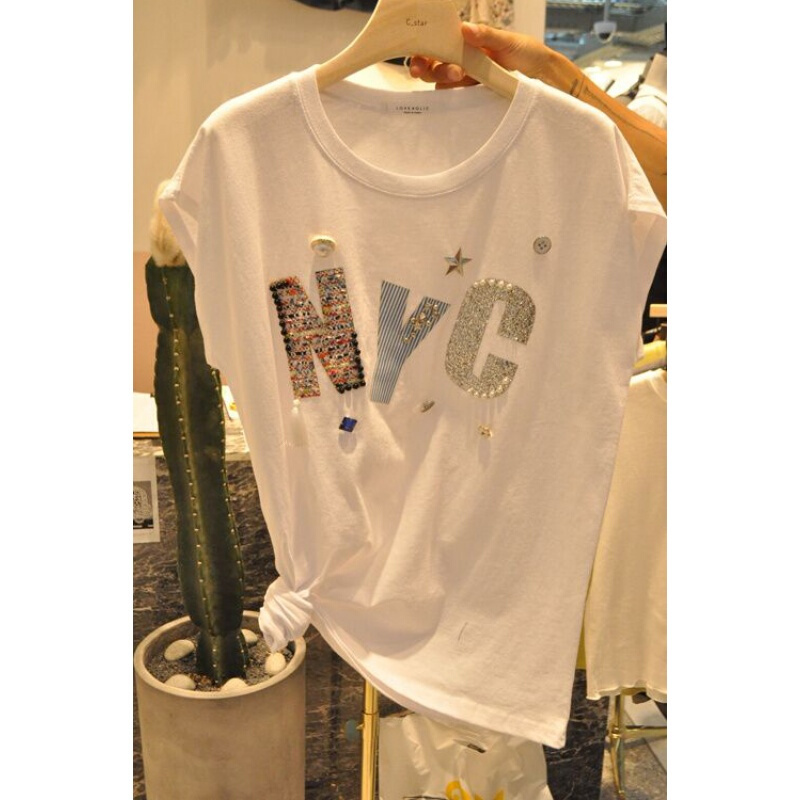 2018新款韩版春夏季新款宽松显瘦白色短袖T恤女字母钉珠简约上衣白色