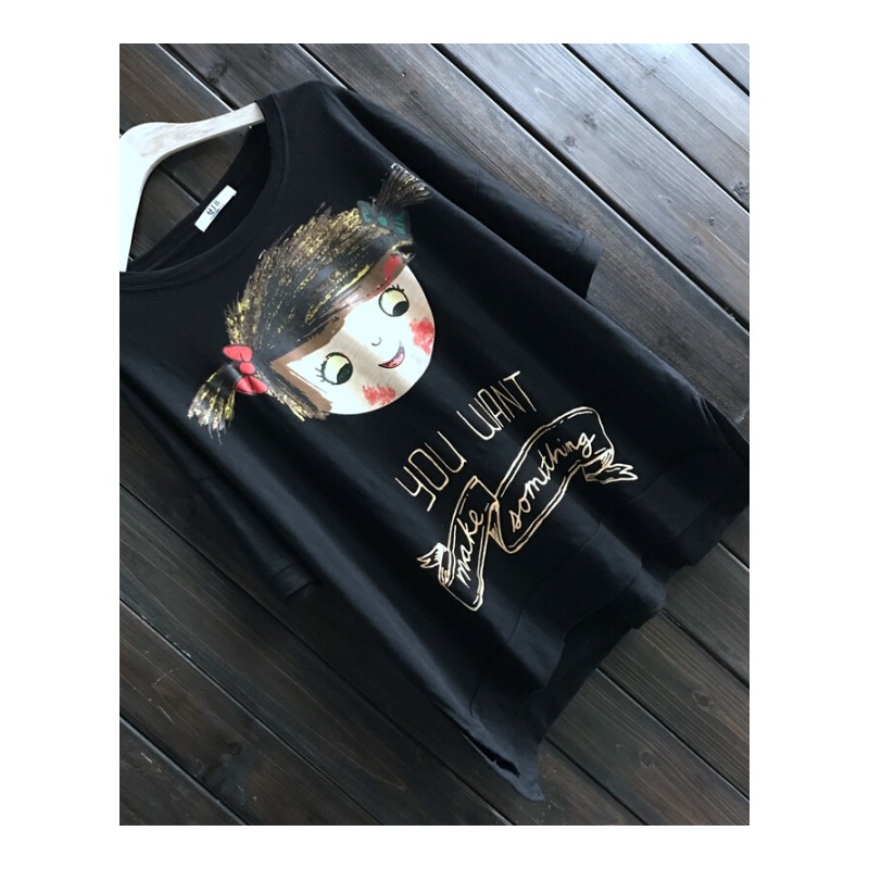 大码女装纯棉卡通学生短袖T恤胖MM显瘦韩版圆领百搭潮范打底衫白色均码