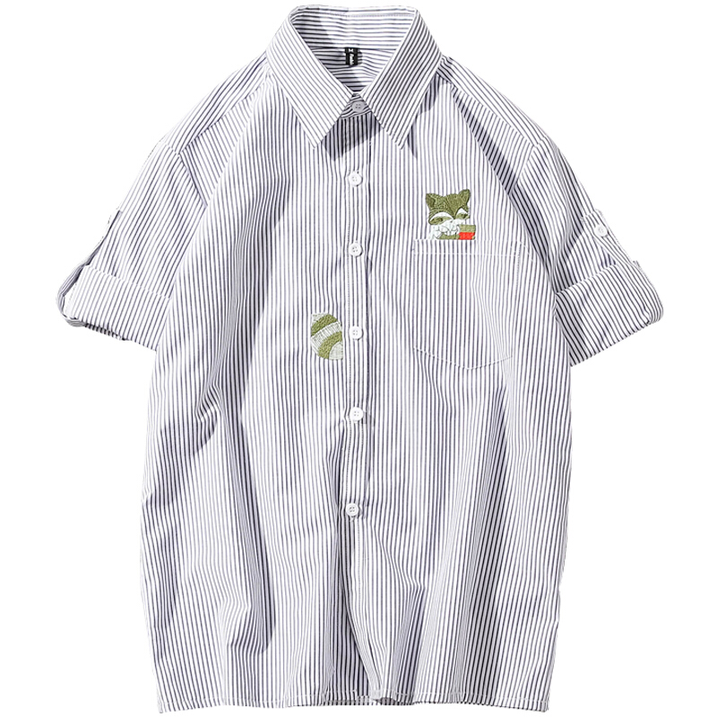 夏季条纹刺绣七分袖衬衫男士大码韩版宽松7分袖衬衣潮流文艺男装