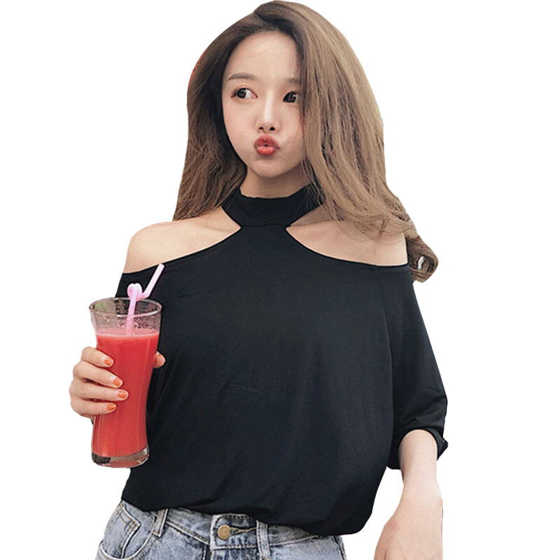 夏装女装韩版宽松百搭小性感露肩挂脖短袖T恤纯色休闲体恤上衣潮黑色均码
