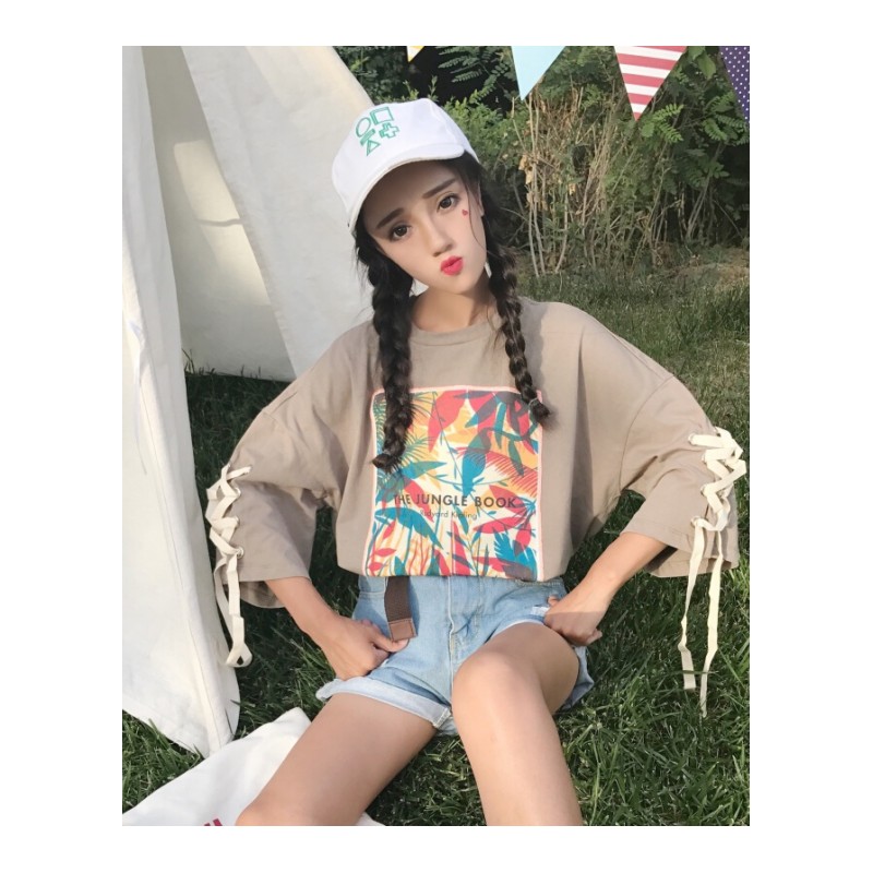 春夏女装韩版宽松个性贴布绑带短袖T恤学生半袖上衣打底衫体恤潮浅灰色均码
