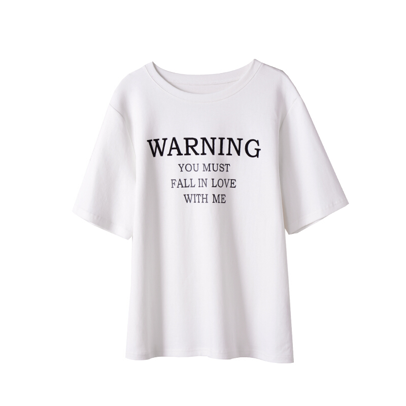 2018夏季新款韩版时尚圆领字母印花T恤女宽松显瘦简约短袖上衣潮白色均码