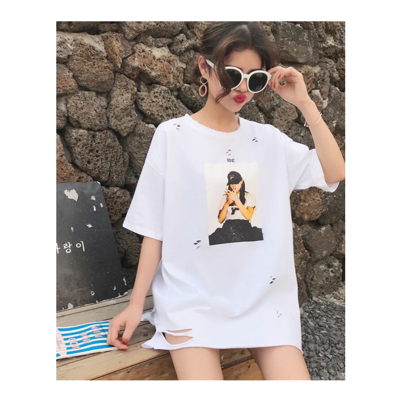夏装女装韩版中长款宽松破洞人物印花短袖T恤学生打底衫体恤上衣白色均码