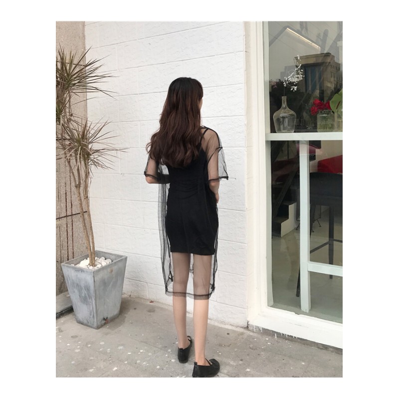 夏装女装韩版中长款宽松短袖网纱连衣裙罩裙显瘦长裙+打底带裙黑色均码