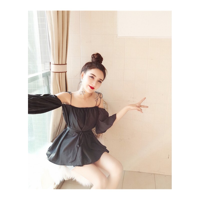 夏装2018韩版新款露肩一字领灯笼袖短恤宽松显瘦少女带衬衫上衣白色均码