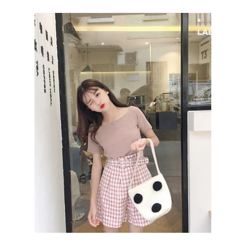 韩版时尚休闲套装夏装女装一字领短袖T恤打底衫上衣+阔腿裤两件套图色
