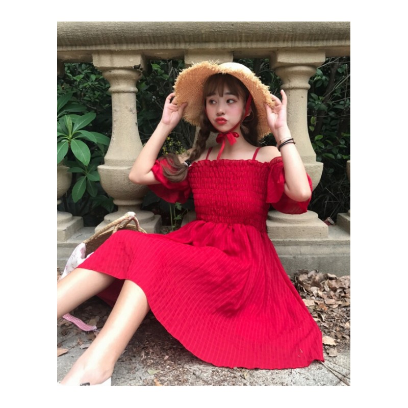 夏装女装韩版中长款小性感一字肩露肩带裙无袖连衣裙显瘦长裙潮 红色 均码