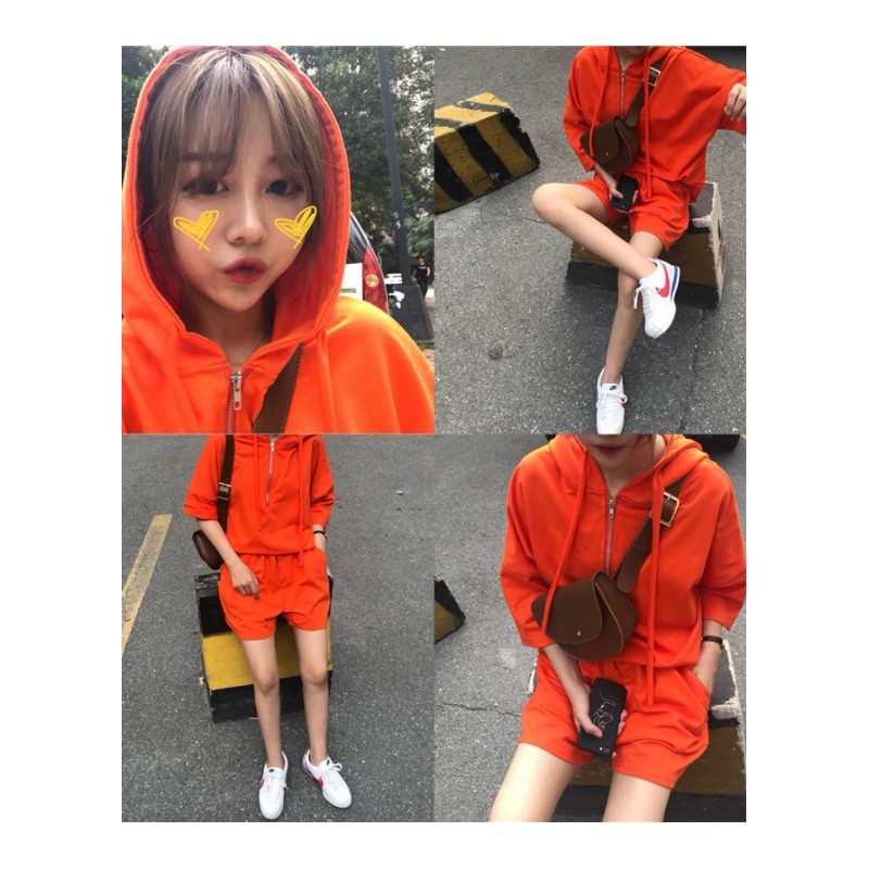 韩版运动休闲套装夏装女装宽松连帽中袖T恤上衣+阔腿裤短裤两件套紫色均码