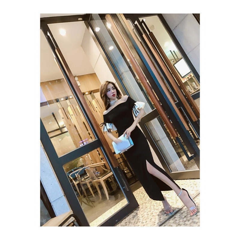 2018名媛韩版时尚气质个性修身显瘦一字领喇叭袖高腰开叉连衣裙女黑色