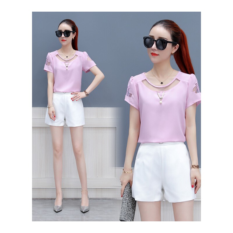 夏季雪纺衫女士短袖2018新款时尚网纱拼接韩版洋气百搭小衫上衣潮