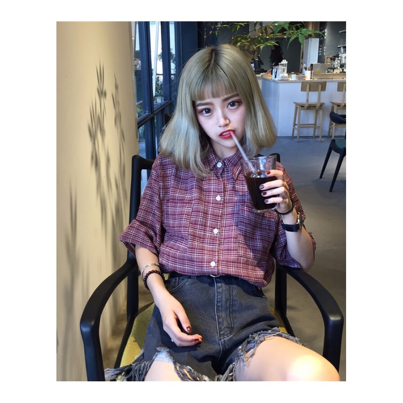 春夏女装韩版宽松简约复古百搭格子衬衫短袖休闲打底衫衬衣上衣潮蓝色均码