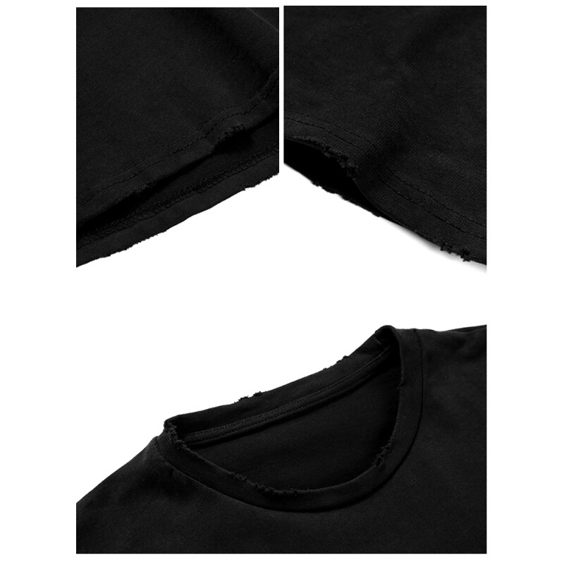 蔷薇夏装2018新款女T恤磨破圆领百搭简约字母中长款短袖宽松上衣白色均码