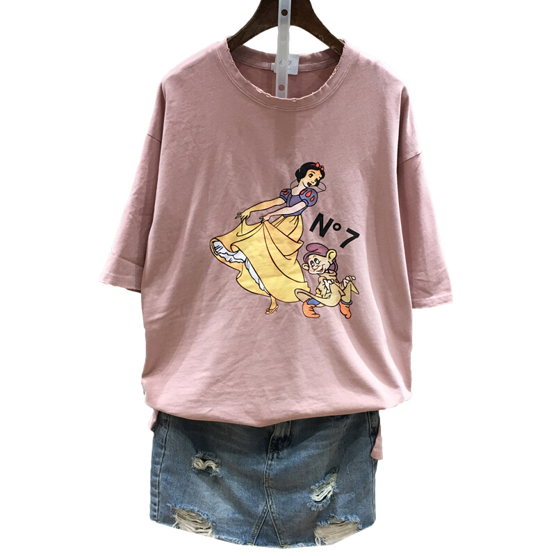 宽松休闲棉打底衫短袖中长款学生印花夏季休闲棉T恤女710上衣白色均码