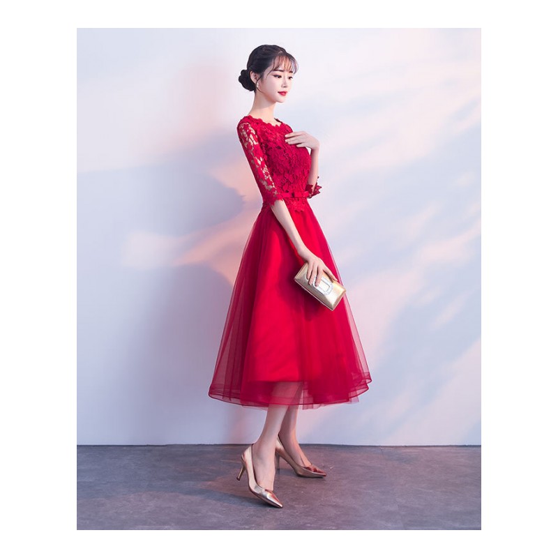 敬酒服新娘春季2018新款韩版小个子高腰孕妇红色中长款结婚晚礼服