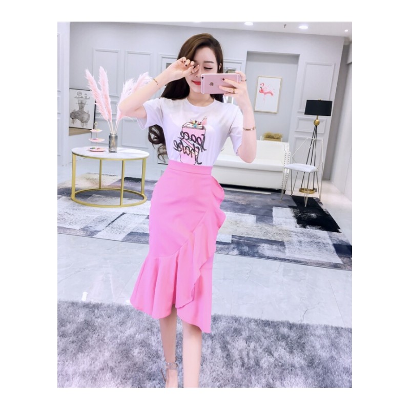 2018韩版夏装新款圆领冰淇淋图案T恤+荷叶边不规则半身裙时髦套装