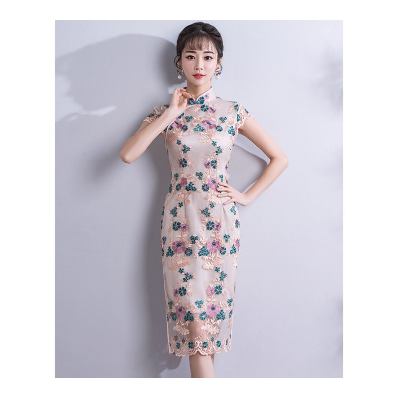 改良版旗袍春季2018新款蕾丝中长款连衣裙少女清新淡雅小香风礼服 藕荷色 S